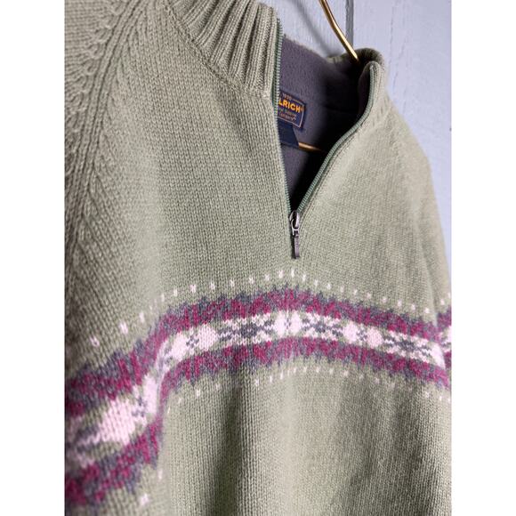 Vintage Woolrich Women’s XL Lambswool Quarter Zip Sweater Green Fair Isle Trim - Picture 4 of 7